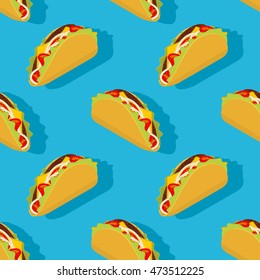 Taco seamless pattern. Traditional Mexican food background. Corn tortilla and bow ornament. Tomato and fresh meat. Fast food texture