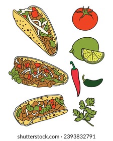Taco in set. Good for object fast food, textile, wrapping paper, package, restaurant or cafe, menu, banners, wallpaper, etc