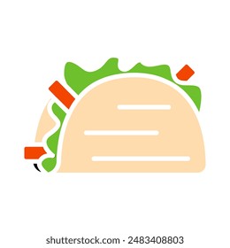 Icono de conjunto de tacos. Tortilla, doblada, lechuga, tomate, comida mexicana, comida callejera, salada, rellena, de mano, concha de taco, tradicional.