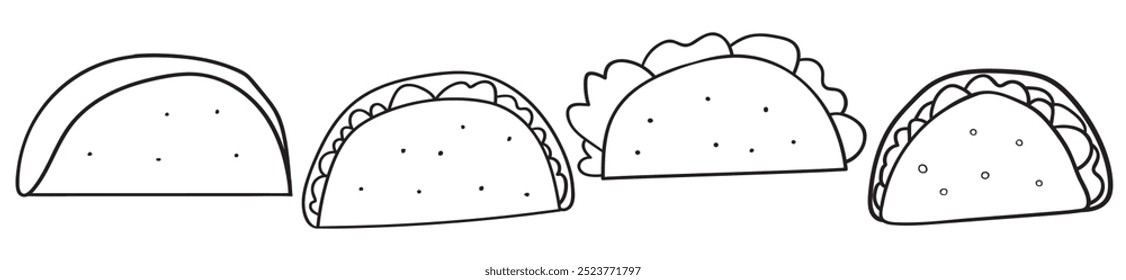 Taco. Set of isolated icons. Black color. Vector outline illustrations on white background.