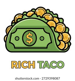 Taco en forma de billete de dólar, rebosante de monedas. Un símbolo divertido y peculiar de la abundancia financiera.