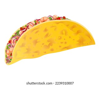 Taco with shrimps, vegetable and tortilla. Traditional mexican fast food. Latin American food. Colorful vector illustration isolated on white background.