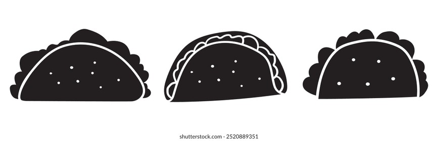 Taco. Silhouettes. Set of isolated icons. Hand drawn design. Black color. Vector illustrations on white background.