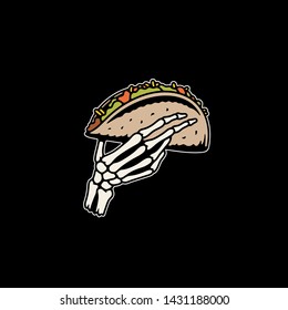 TACO IN SKELETON HAND COLOR BLACK BACKGROUND