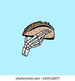 TACO IN SKELETON HAND COLOR BLUE BACKGROUND