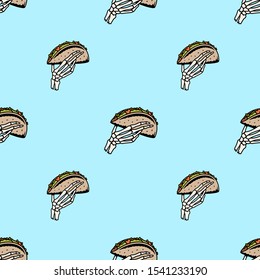 TACO SKELETON HAND SEAMLESS PATTERN COLOR BACKGROUND