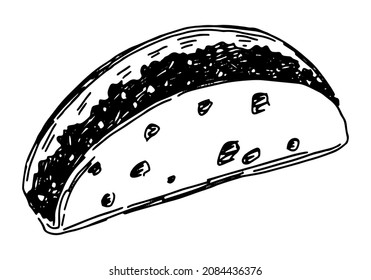 Taco sketch, corn tortilla filled. Hand drawn vector illustration in retro style. Mexican food single doodle. Outline clipart isolated on white background.