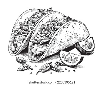 Taco sketch hand drawn food Restaurant business concept.Vector illustration.