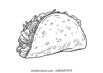 Taco sketch. hand drawn Taco outline illustration. Taco black and white vector drawing. Taco isolated on white background. vector illustration. Tacos line art drawing.