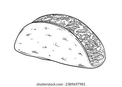 Taco sketch. hand drawn Taco outline illustration. Taco black and white vector drawing. Taco isolated on white background. vector illustration. Tacos line art drawing.