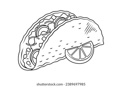 Taco sketch. hand drawn Taco outline illustration. Taco black and white vector drawing. Taco isolated on white background. vector illustration. Tacos line art drawing.