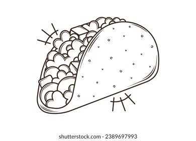 Taco sketch. hand drawn Taco outline illustration. Taco black and white vector drawing. Taco isolated on white background. vector illustration. Tacos line art drawing.