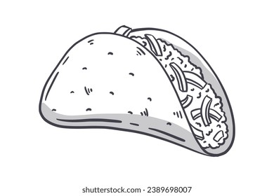 Taco sketch. hand drawn Taco outline illustration. Taco black and white vector drawing. Taco isolated on white background. vector illustration. Tacos line art drawing.