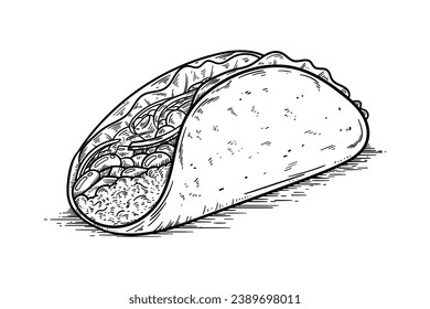 Taco sketch. hand drawn Taco outline illustration. Taco black and white vector drawing. Taco isolated on white background. vector illustration. Tacos line art drawing.