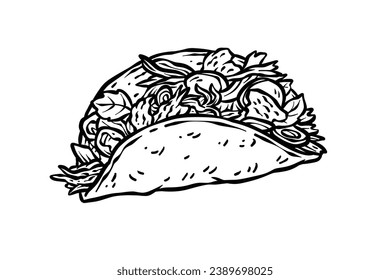 Taco sketch. hand drawn Taco outline illustration. Taco black and white vector drawing. Taco isolated on white background. vector illustration. Tacos line art drawing.