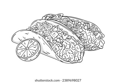 Taco sketch. hand drawn Taco outline illustration. Taco black and white vector drawing. Taco isolated on white background. vector illustration. Tacos line art drawing.