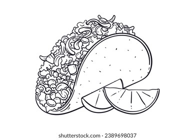 Taco sketch. hand drawn Taco outline illustration. Taco black and white vector drawing. Taco isolated on white background. vector illustration. Tacos line art drawing.