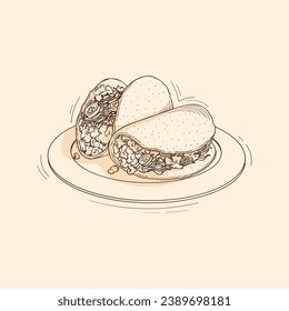 Taco sketch. hand drawn Taco outline illustration. Taco vector drawing. Taco isolated on background. vector illustration. Tacos line art drawing.