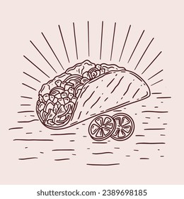 Taco sketch. hand drawn Taco outline illustration. Taco vector drawing. Taco isolated on background. vector illustration. Tacos line art drawing.