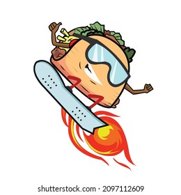 taco smile on snowboard with glasses and fire mascot vector illustration