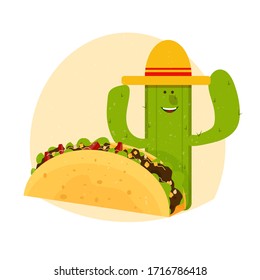 Taco and smiling character cactus in sombrero stock vector illustration isolated on white background. Traditional Mexican meal, fast food. Bright and positive clipart, composition.