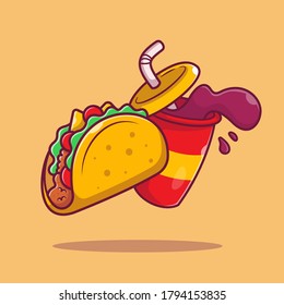 Taco With Soda Cartoon Vector Icon Illustration. Mexico Food Icon Concept Isolated Premium Vector. Flat Cartoon Style