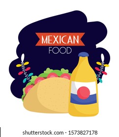 taco and soda floral mexican food, traditional celebration design vector illustration