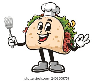 Taco with a spatula and wearing a chef's hat cartoon mascot illustration character vector clip art hand drawn