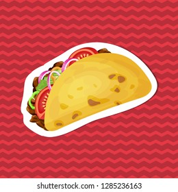 Taco sticker on red striped background. Graphic design elements for menu, packaging, advertising, poster, brochure or background. Vector illustration of fast food