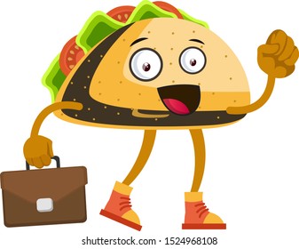 Taco mit Koffer, Illustration, Vektorgrafik auf weißem Hintergrund.