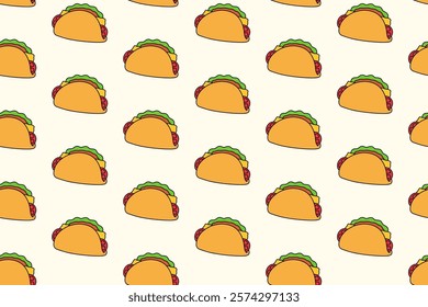 taco with tomato, lettuce, meat colorful pattern on cream background. doodle taco mexican tasty food object symbol seamless pattern background. funny taco food seamless pattern for decor, merchandise