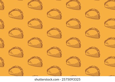 taco with tomato, lettuce, meat doodle seamless pattern on yellow background. taco mexican tasty food engraving pattern background. retro taco food background for restaurant decor and merchandise