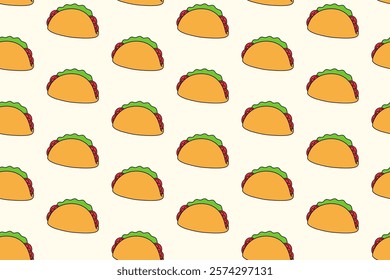 taco with tomato, lettuce, salad colorful pattern on cream background. doodle taco mexican tasty food object symbol seamless pattern background. funny taco food seamless pattern for decor, merchandise