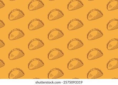 taco with tomato, lettuce, salad doodle seamless pattern on yellow background. taco mexican tasty food engraving pattern wallpaper. funny taco food background for restaurant decor and merchandise