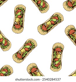 Taco top view. Hand-drawn colored taco seamless pattern. Fast food vintage illustration. Element for the design of labels, packaging and postcards

