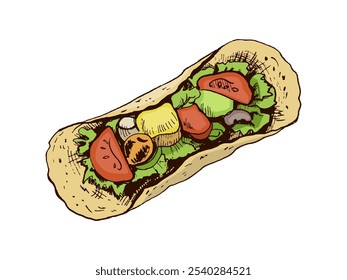 Vista superior do taco. Esboço desenhado à mão de taco sobre fundo branco. Ilustração da safra de fast food. Elementos para a concepção de etiquetas, embalagens e cartões postais
