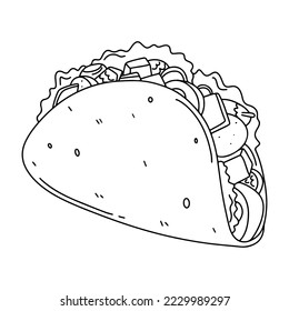 Taco con tortilla en forma de doodle dibujado a mano. Icono vector de arte de la línea de almuerzo mexicana. Aislado en ilustración vectorial de fondo blanco.