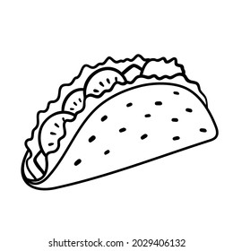 Taco with tortilla. Mexican lunch, line art icon for food apps and websites. Vector outline illustration isolated on white