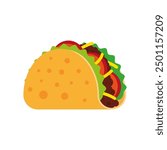 taco with tortilla shell mexican lunch, flat vector illustration, mexican food tacos