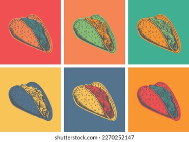 Taco with tortilla shell Mexican lunch. Pop art. Tacos. Vector illustration Hand Drawn. Street Fast Food.