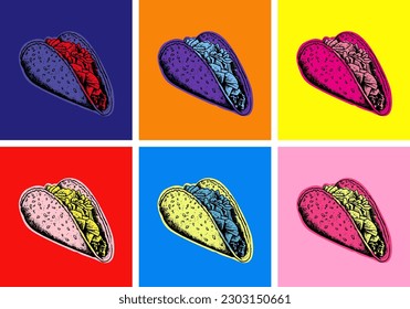 Taco with tortilla shell Mexican lunch. Pop art. Tacos. Vector illustration Hand Drawn. Street Fast Food.