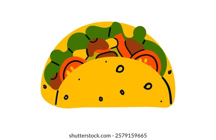 Taco with tortilla shell Mexican lunch, flat vector illustration, Mexican food tacos , hand drawn doodle illustration isolate on white.