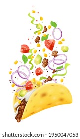 Taco. Traditionelle mexikanische Fastfood. Maistortilla mit Füllung, einzeln auf weißem Hintergrund. Eps10 Vektorgrafik.