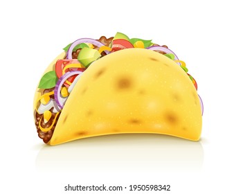 Taco. Traditional mexican fast food. Corn tortilla with filling, Isolated on white background. Eps10 vector illustration.