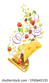 Taco. Traditional mexican fast food. Corn tortilla with filling, Isolated on white background. Eps10 vector illustration.