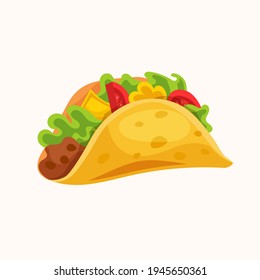 Taco. Traditional Mexican food. Delicious Mexican dish. Vector illustration isolated on a white background for design and web.