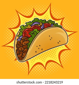 Taco traditional Mexican food pinup pop art retro vector illustration. Comic book style imitation.