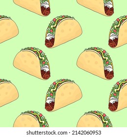 Taco, traditional mexican food, vector seamless pattern, hand-drawn