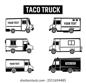 Taco Truck Illustration Vector Collection Set, Eye-Catching Taco Truck Vector Illustration for Themed Parties, Food Blogs, and Merchandising Isolated Outline Icon Set.