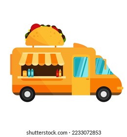 Taco truck. Street fast food truck, takeaway restaurant, market in street isolated vector illustration in flat cartoon style.